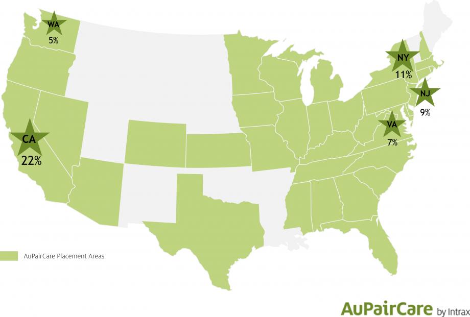 Mappa degli Stati Uniti con i cinque stati principali dove vive la maggior parte delle nostre famiglie ospitanti.